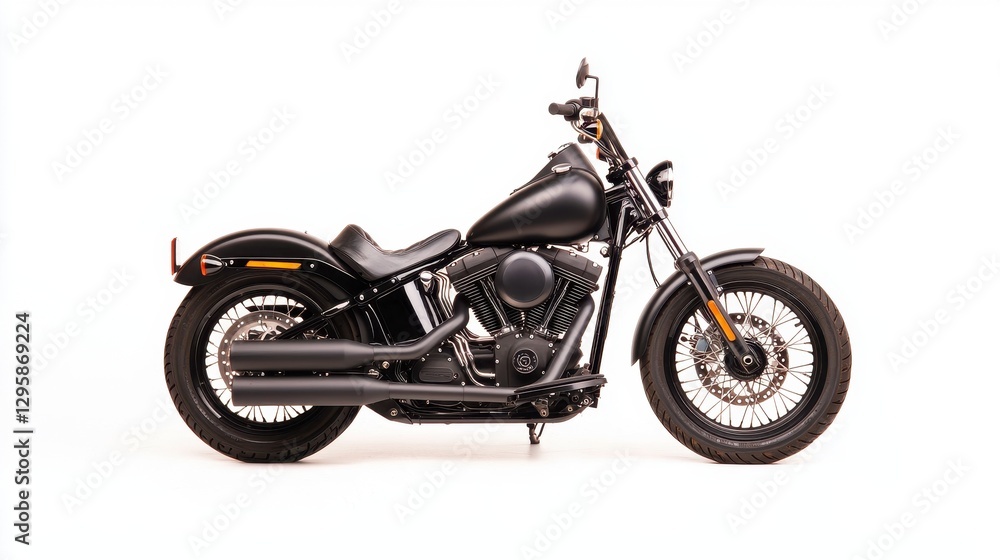 Sleek Black Motorcycle with Chrome Details on White Background Sleek Black Motorcycle with Chrome Details on White Background