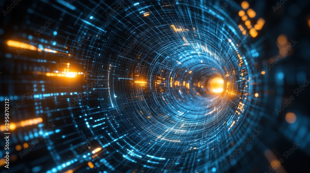 Abstract futuristic tunnel with glowing lights and digital particles in vibrant colors representing data flow and technology concepts Abstract futuristic tunnel with glowing lights and digital particles in vibrant colors representing data flow and technology concepts