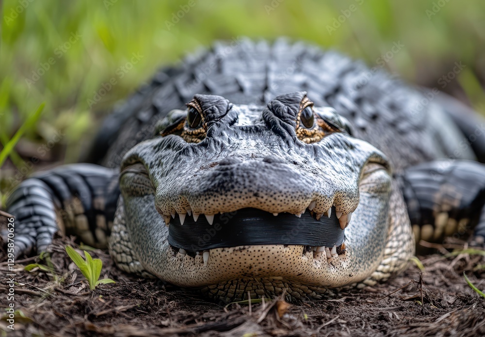 Obraz premium Close-up of a Large Alligator Resting in Natural Habitat Surrounded by Lush Green Grass Under Bright Daylight with Intricate Skin Textures and Sharp Teeth