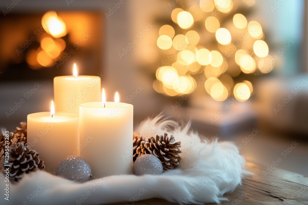 A close-up of five white candles placed on a rustic wooden table, surrounded by pinecones A close-up of five white candles placed on a rustic wooden table, surrounded by pinecones