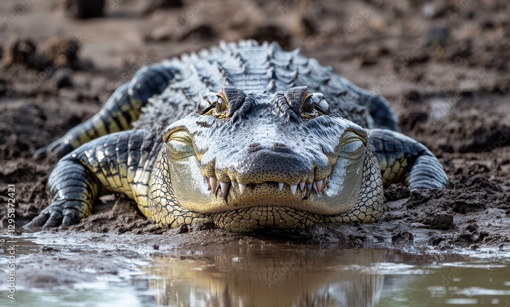 Fototapeta premium Close-Up of a Large Crocodile Resting on the Riverbank Surrounded by Nature and Wetland Habitat in Bright Natural Light