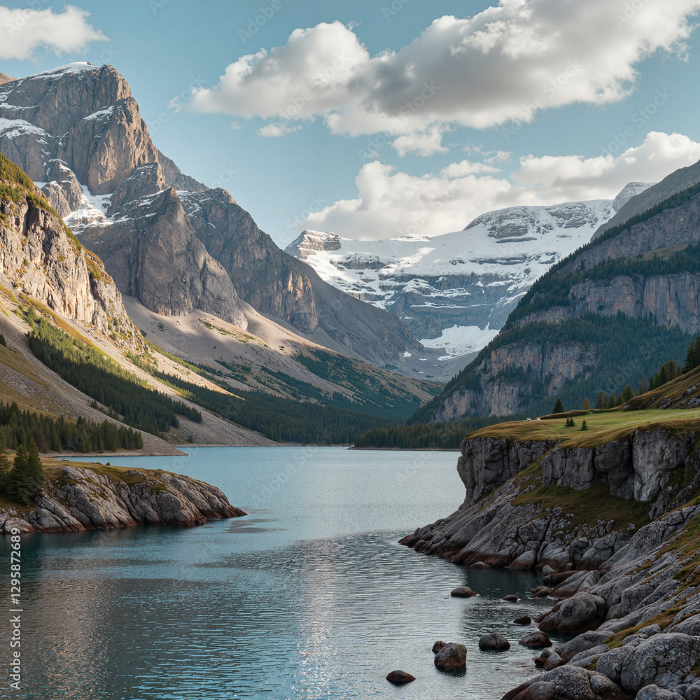 Obraz premium Majestic mountains reflecting in tranquil lake, nature's serenity