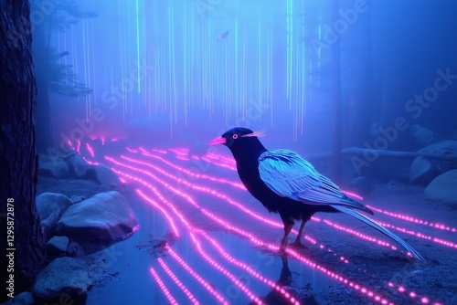A surreal scene featuring a black bird with vibrant blue and pink feathers standing on a rocky surface. The background is a misty forest illuminated by vertical neon lights, creating a dreamlike.