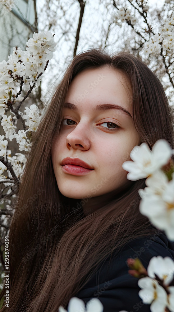 Teenager girl stand in the street against house among blossom spring flowers Teenager girl stand in the street against house among blossom spring flowers