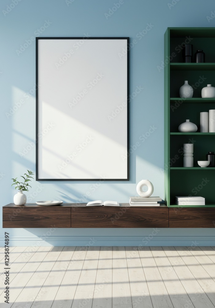 Fototapeta premium Home Frame mockup. Living room wall blank poster mock up. Interior mock-up with house background. Modern interior design. 3D render