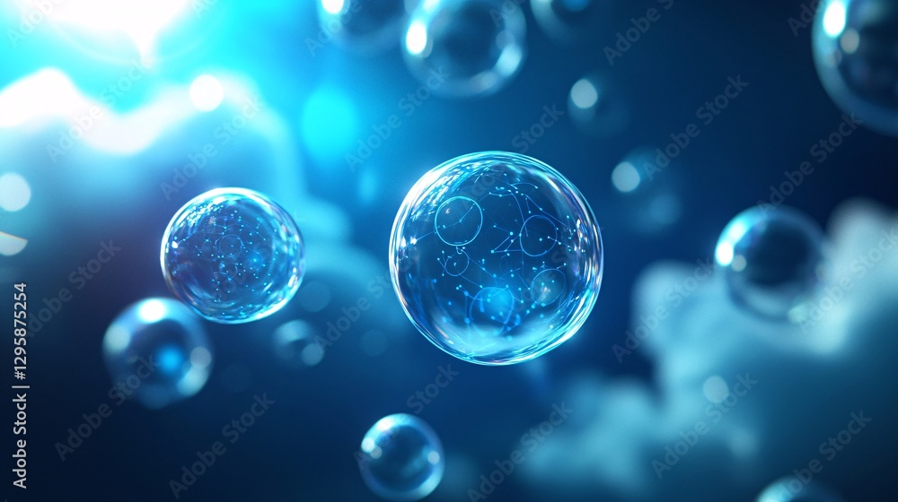 Glowing Bubbles in a Fantasy Blue Atmosphere with Light Background Glowing Bubbles in a Fantasy Blue Atmosphere with Light Background