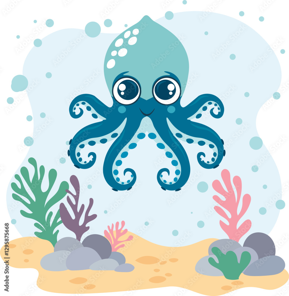 Obraz premium Cute squid on a sea background. Postcard, sticker. Children's educational material
