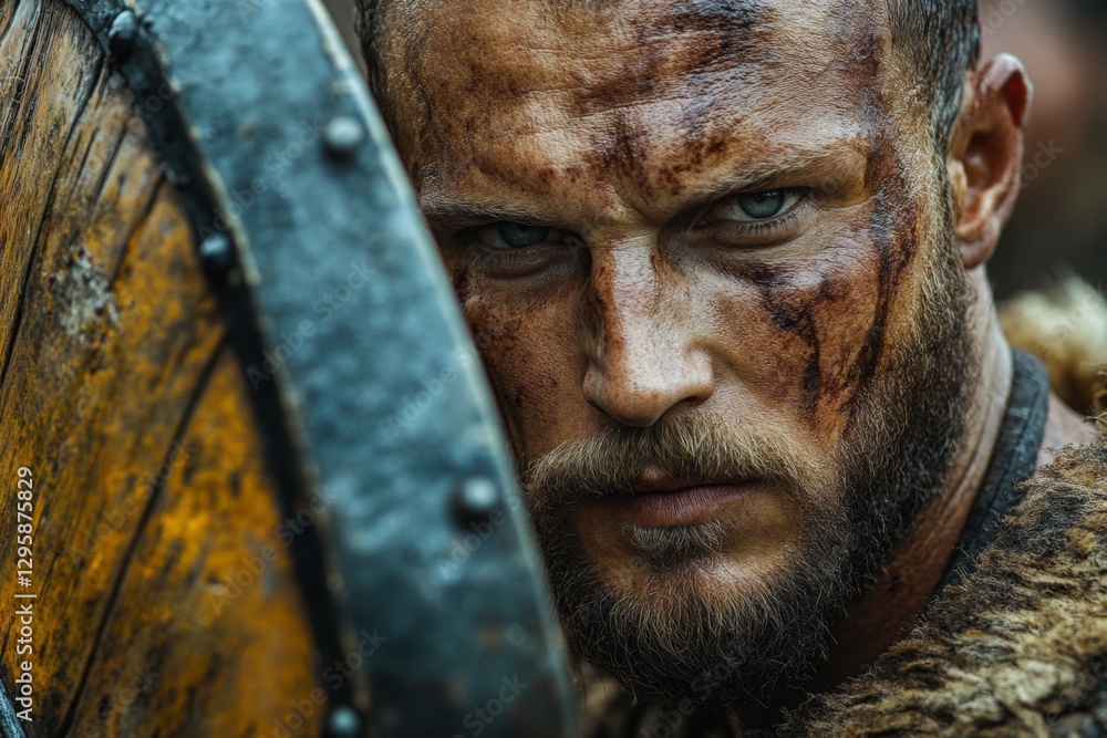 Warrior preparing for battle in a fierce historical re-enactment on a rugged terrain Warrior preparing for battle in a fierce historical re-enactment on a rugged terrain