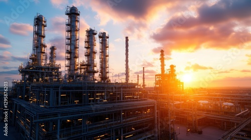 Wallpaper Mural Large industrial refinery silhouetted against a vibrant sunset sky with clouds and smoke stacks Torontodigital.ca