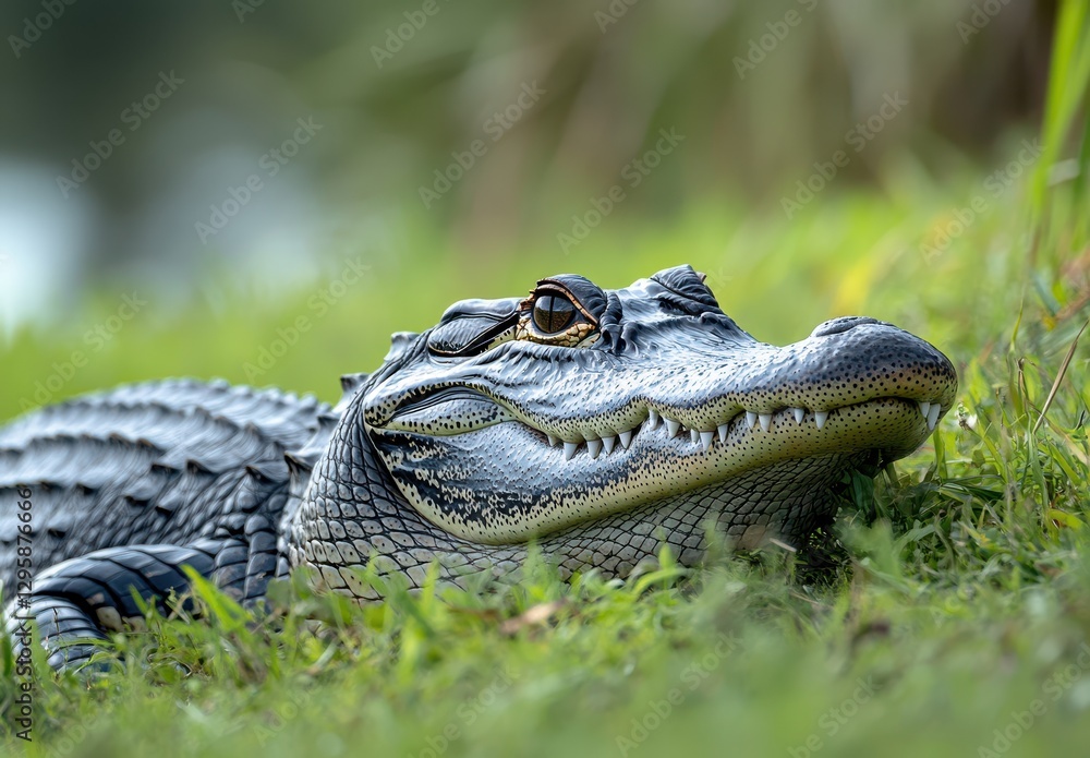 Fototapeta premium Close-Up of a Lying Alligator on Grass Surrounded by Nature Showcasing its Textured Skin and Detailed Features Under Natural Lighting
