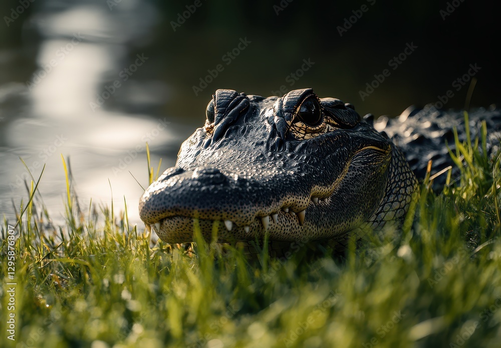 Fototapeta premium Close-Up of a Lying Alligator on Green Grass Near Water Highlighting Textures and Details of its Skin and Surrounding Nature in Soft Natural Lighting