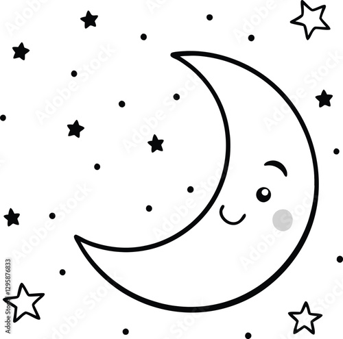 Adorable Crescent Moon and Stars Coloring Page Vector Illustration for Kids