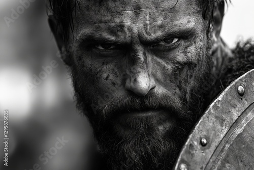 Intense warrior portrait showcasing battle readiness and determination in black and white