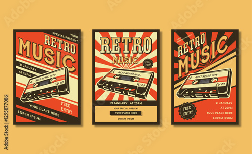 Music party. Poster template with retro style boombox. Design element for banner, sign, flyer. Vector illustration