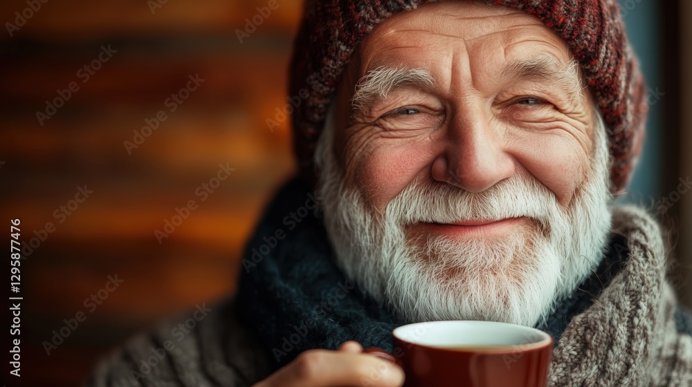 A cheerful elderly man with a white beard smiling warmly while holding a cup of tea A cheerful elderly man with a white beard smiling warmly while holding a cup of tea