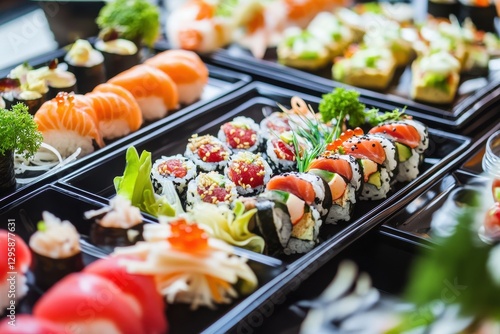 A high-resolution image of a lavish buffet table filled with assorted sushi rolls, sliced vegetables
