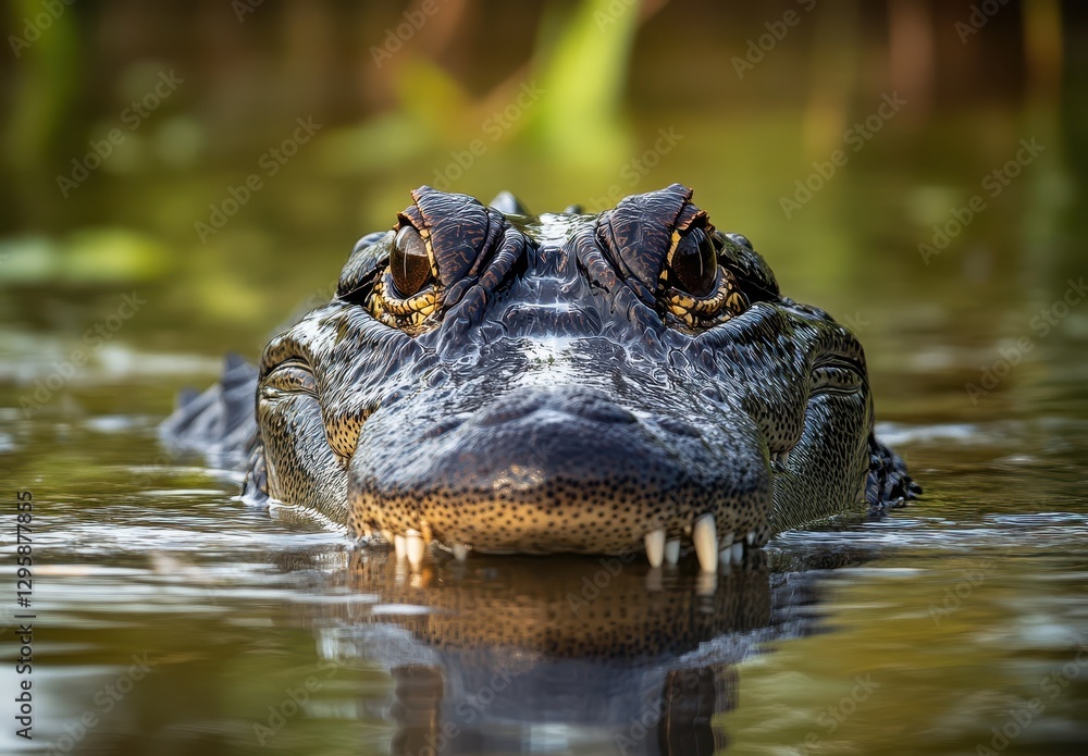 Close-Up of a Majestic Alligator Emerging from Calm Water Surrounded by Lush Greenery at Sunset, Showcasing Sharp Teeth and Intense Eyes Close-Up of a Majestic Alligator Emerging from Calm Water Surrounded by Lush Greenery at Sunset, Showcasing Sharp Teeth and Intense Eyes