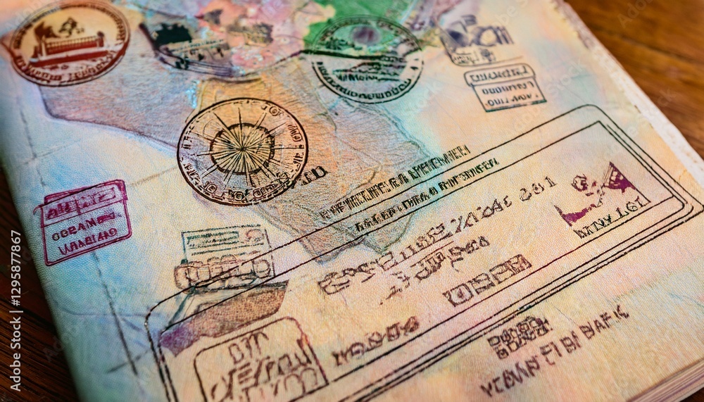 Fototapeta premium Close-Up of a Passport with Travel Stamps, Showing Intricate Details of the Stamps and the Textures