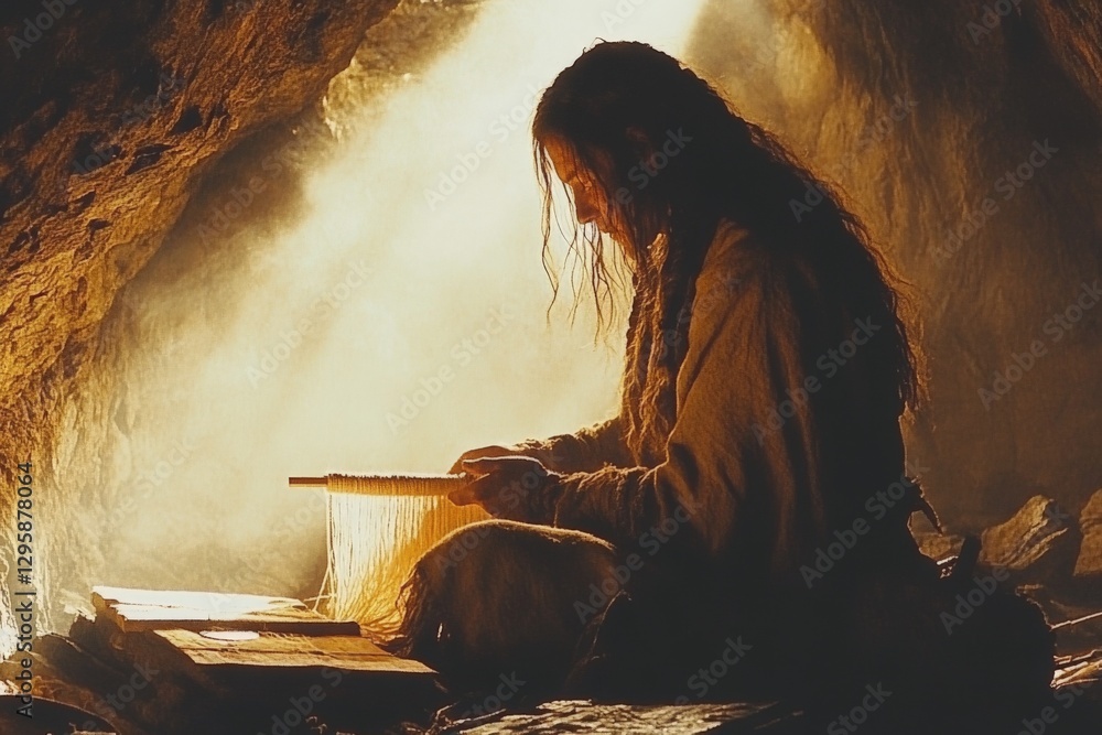 Fototapeta premium Skilled artisan weaving in a dimly lit cave during ancient times