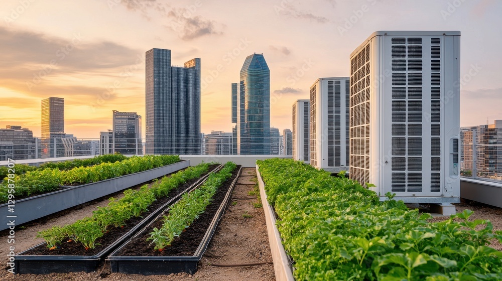Fototapeta premium Urban rooftop garden with skyline view at sunset in the city