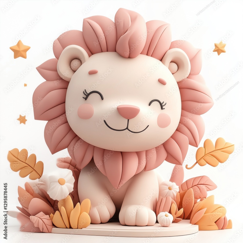 Fototapeta premium Pet portraits, Cute Cartoon Lion Character with Floral Elements and Soft Colors