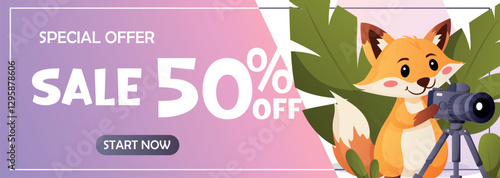Bright vector illustration featuring a cute fox photographer, a camera, and promotional text about a discount. Suitable for children's and creative design.  