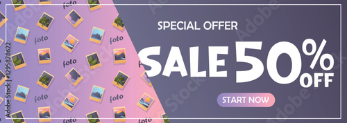 Vector illustration featuring photo postcards and promotional text about a discount. Suitable for marketing, advertising, and web design.  