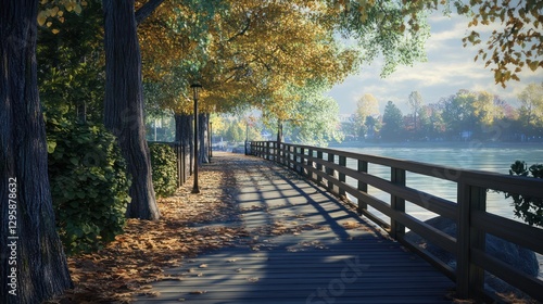 Autumn boardwalk, river, morning mist, walkway