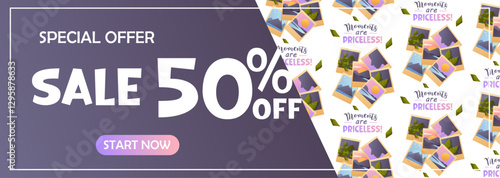 Vector promotional banner featuring photo postcards and information about a fifty percent discount. Perfect for promoting photo services and studio photography.  