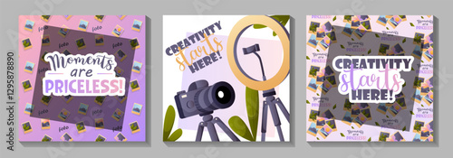 Three square postcards featuring illustrations of a camera, photo prints, leaves, and motivational captions. Perfect for inspiration and photography promotion.  