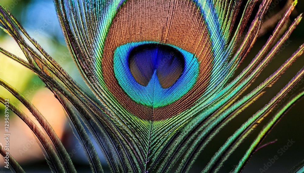 Obraz premium Close-Up of a Peacock Feather, Highlighting the Iridescent Colors and Intricate Patterns