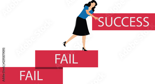 Learn to fail as path to achieve goal concept, Improve from failure build up stair to success, strive businesswoman build stair to success with his failure