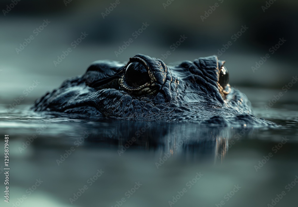 Close-Up of a Majestic Amphibian Emerging from Water Surface, Showcasing Intricate Textures and Glimmering Eyes in a Natural Environment Close-Up of a Majestic Amphibian Emerging from Water Surface, Showcasing Intricate Textures and Glimmering Eyes in a Natural Environment