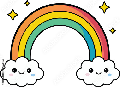 Colorful and Cute Rainbow Vector Illustration with Smiling Clouds and Sparkling Stars
