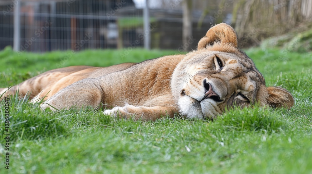 Naklejka premium Relaxing Lion Resting on Soft Green Grass in Sunny Outdoor Environment, Capturing Serenity in Wildlife Scene