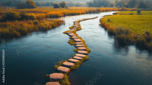 Stepping stones across a river scenic landscape nature photography tranquil environment aerial view connection of two lands