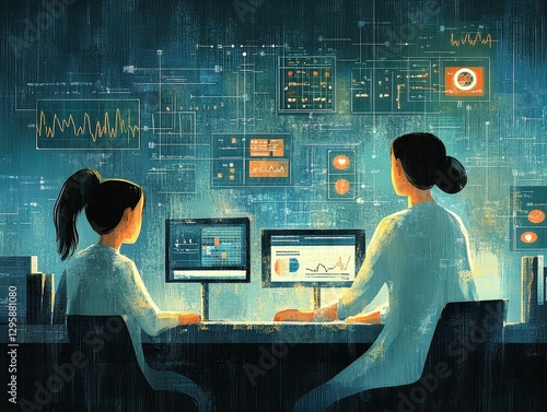 Scientists analyzing data on computer screens.