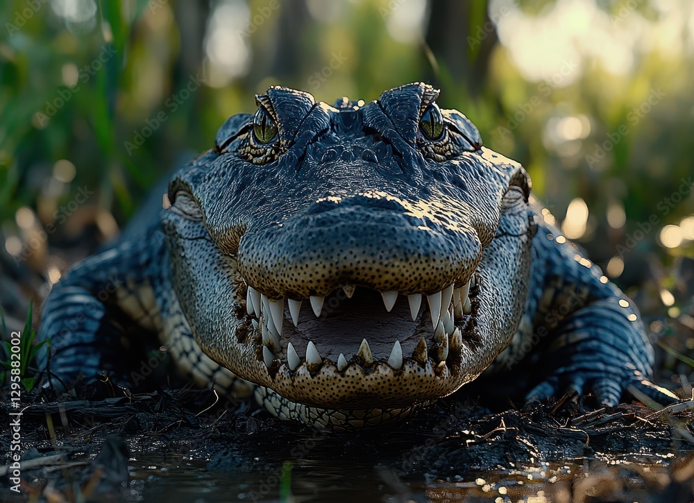 Obraz premium Close-Up of a Menacing Crocodile Revealing Sharp Teeth Amidst Natural Habitat with Soft Evening Light in Background, Nature Photography