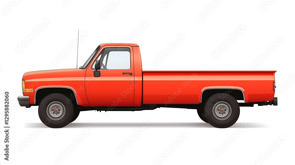 A classic red pickup truck with a single cab and long bed, featuring a simple design and robust build, ideal for work and utility. A classic red pickup truck with a single cab and long bed, featuring a simple design and robust build, ideal for work and utility.