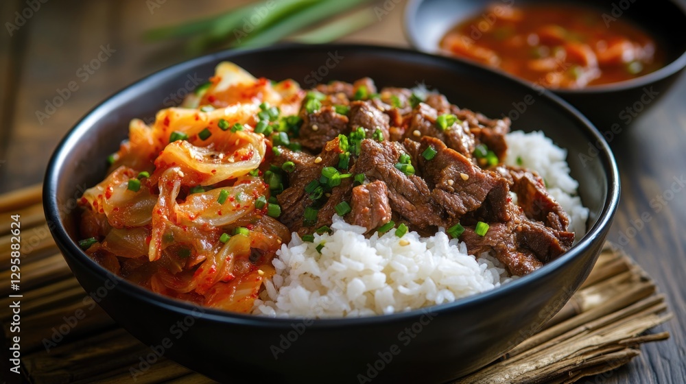 A delicious and flavorful bowl of Korean beef stew served with white rice and a variety of vegetables, ready to be enjoyed. A delicious and flavorful bowl of Korean beef stew served with white rice and a variety of vegetables, ready to be enjoyed.