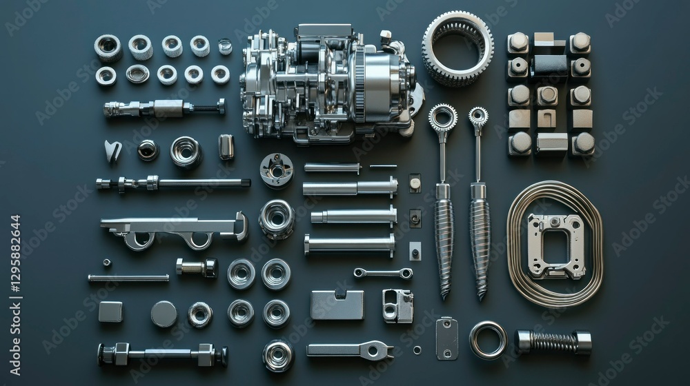 Fototapeta premium Precision engine components and tools industrial workshop equipment layout mechanical environment top-down view engineering concepts