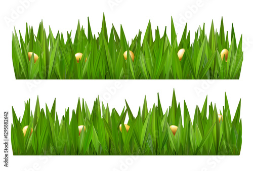 Golden Easter egg basket in green grass field podium. Ester vector background spring 3d render. Chocolate hunt happy meadow decoration banner. Weekend sky card design. Sunny day garden gift concept