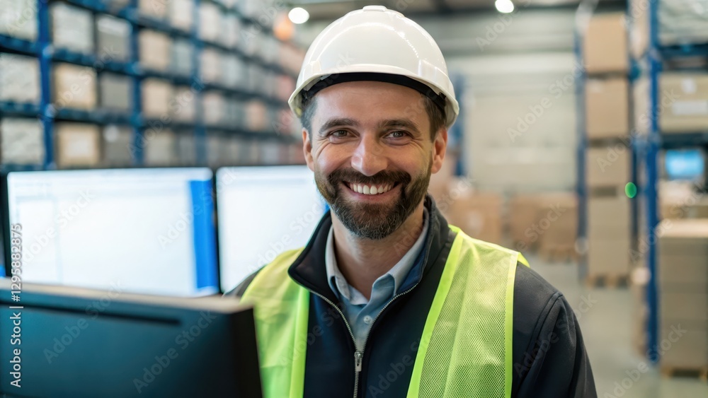 Warehouse data collection concept. A smiling man in a hard hat and safety vest stands in a warehouse, with shelves of boxes in the background, conveying a sense of safety and professionalism. Warehouse data collection concept. A smiling man in a hard hat and safety vest stands in a warehouse, with shelves of boxes in the background, conveying a sense of safety and professionalism.
