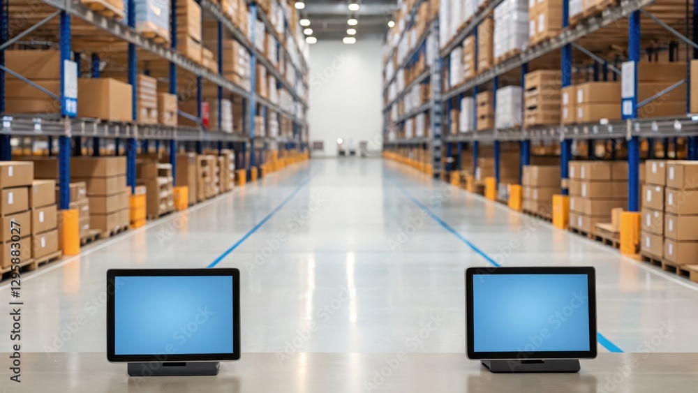 Fototapeta premium Warehouse data collection concept. A spacious warehouse with shelves stacked high with boxes, featuring two computers in the foreground.