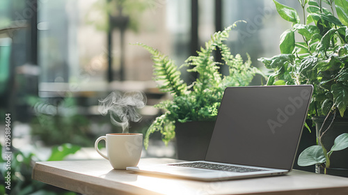 A minimalist outdoor café terrace in a busy city with a sleek laptop, coffee mug, and lush plants, surrounded by high-rise buildings reflecting sunlight. Blur effect in the backgraund