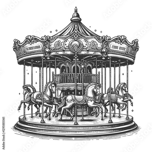 Vintage Carousel with Horses vector illustration