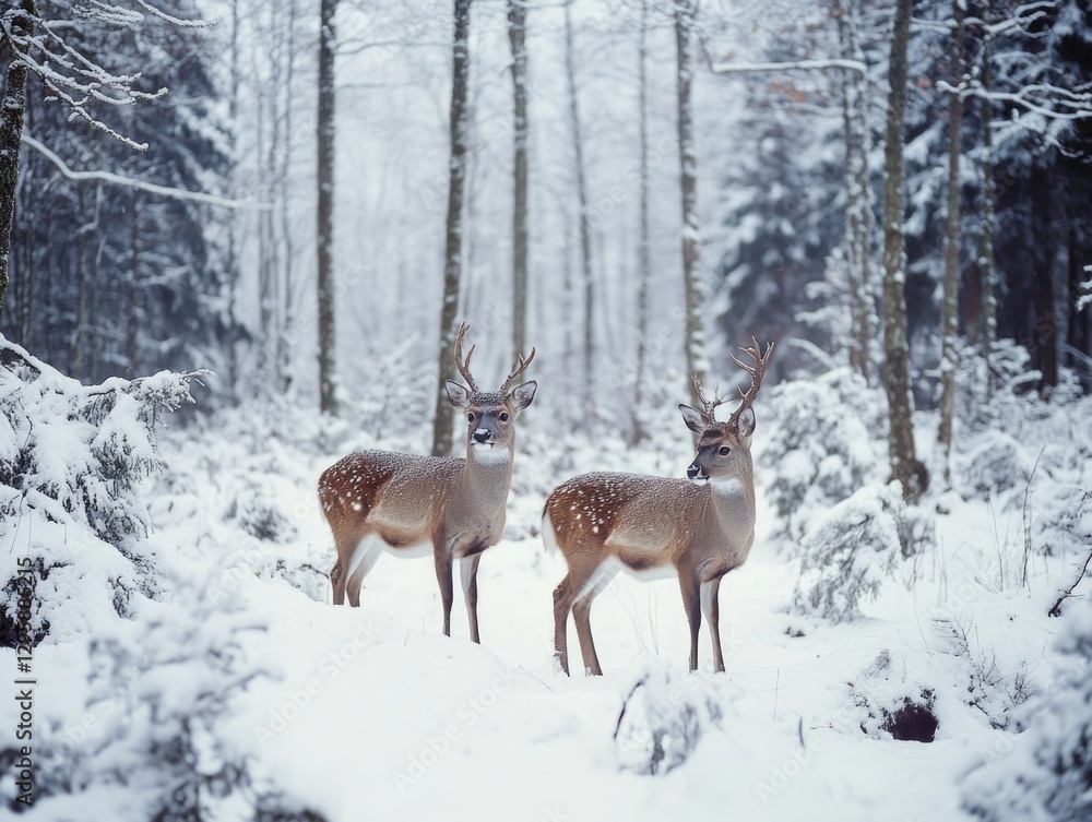 A pair of deer in a snow-covered forest during the holiday season. A pair of deer in a snow-covered forest during the holiday season.
