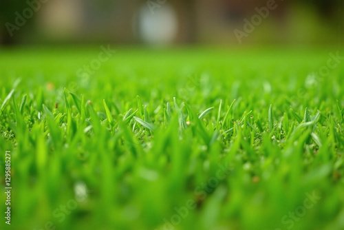 Close up grassy field vibrant green freshly cut grass