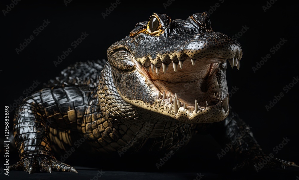 Fototapeta premium Close-Up of a Realistic Crocodile Model Featuring Detailed Scales, Sharp Teeth, and Intense Eyes Set Against a Dark Background Ideal for Wildlife Illustrations