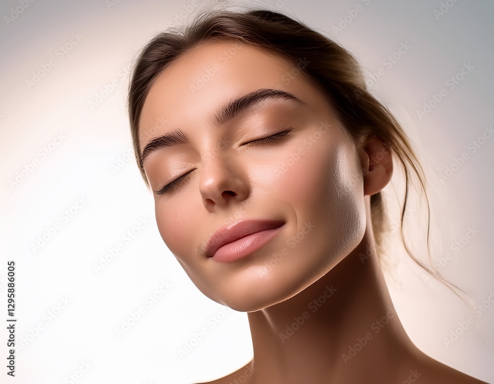 Naklejka premium woman’s face showcasing natural makeup and glowing skin. Her eyes are gently closed, and a serene expression reflects inner peace and confidence. Soft lighting highlights the smooth texture